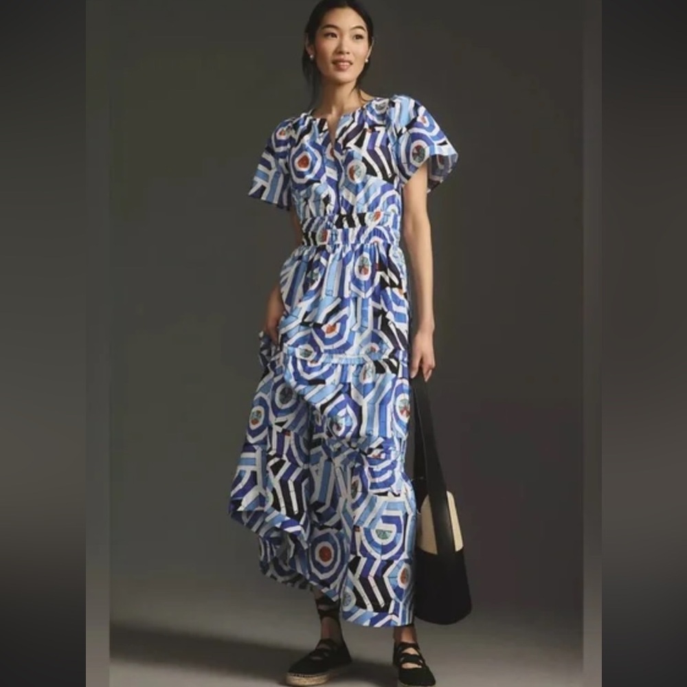 Anthropologie Blue Geometric Maxi Dress XXS